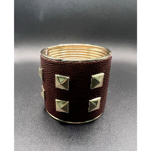 Brutalist Hinged Cuff Brown Snake Style Leather Gold V Design Accents Bracelet